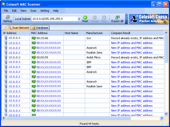 Colasoft MAC Scanner is a scan tool for scanning IP/MAC address in subnets.
