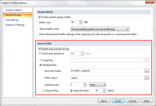 Network Packet Storage Settings